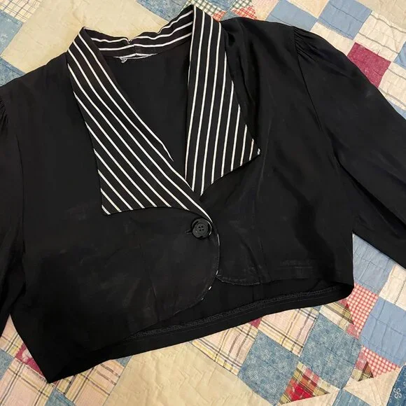 Vintage 1950 Black White Bolero Crop Top Vamp Rockabilly Sexy Short Blouse Small - Picture 9 of 14